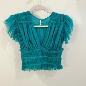 Free People Teal Ruffled Blouse Womens Small Mesh Ruffle Sleeve Top V-Neck Cute
